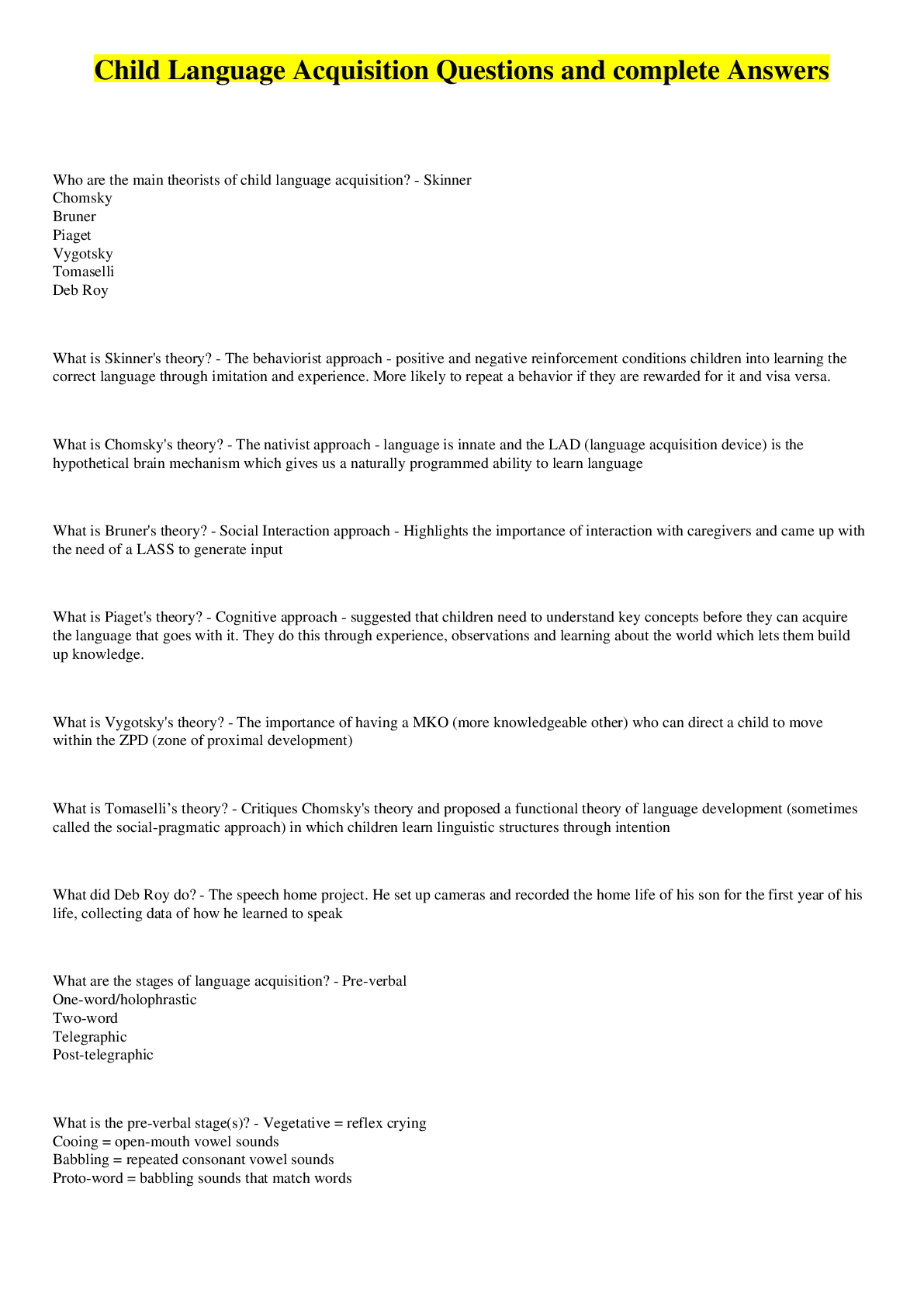 Preview image for Child Language Acquisition Questions and complete Answers